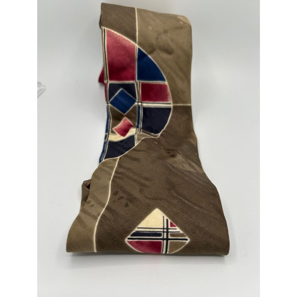 Vintage Halston III Geometric Pattern Silk tie in Brown, Navy & Burgundy